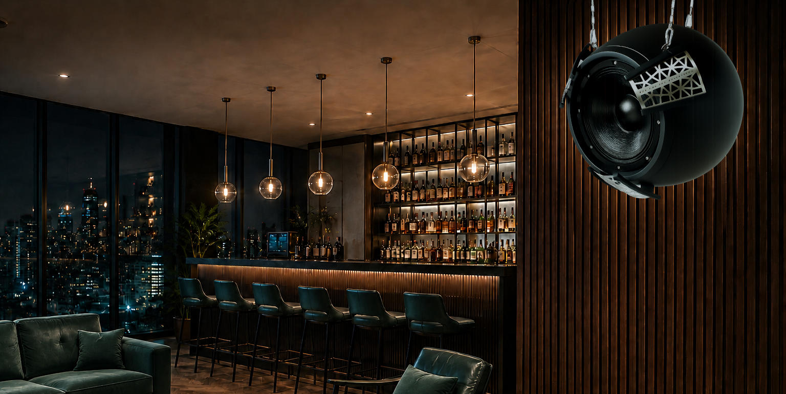 EBTB suspended loudspeaker in a contemporary bar interior